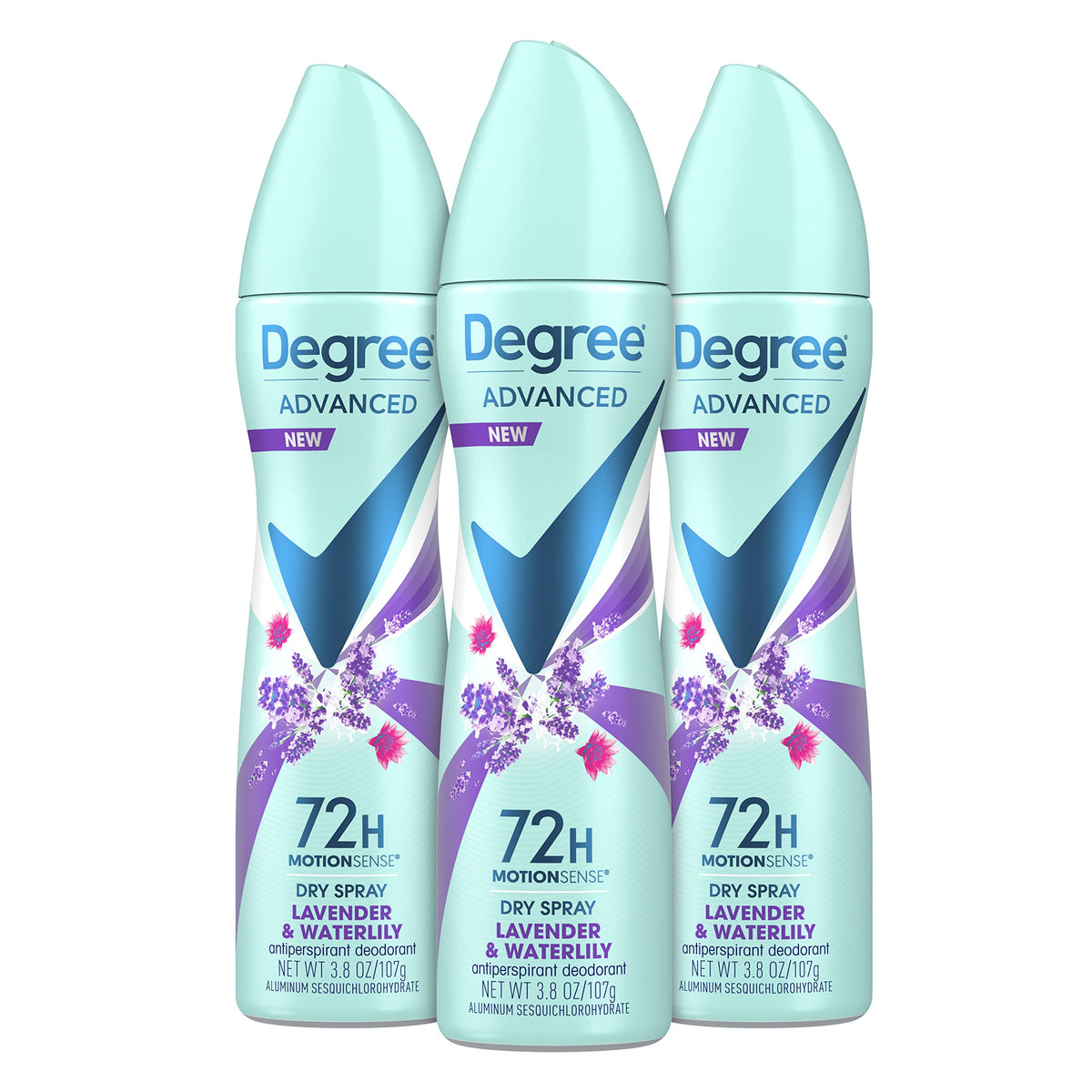 Degree front packaging showing lavender and waterlily for confident protection