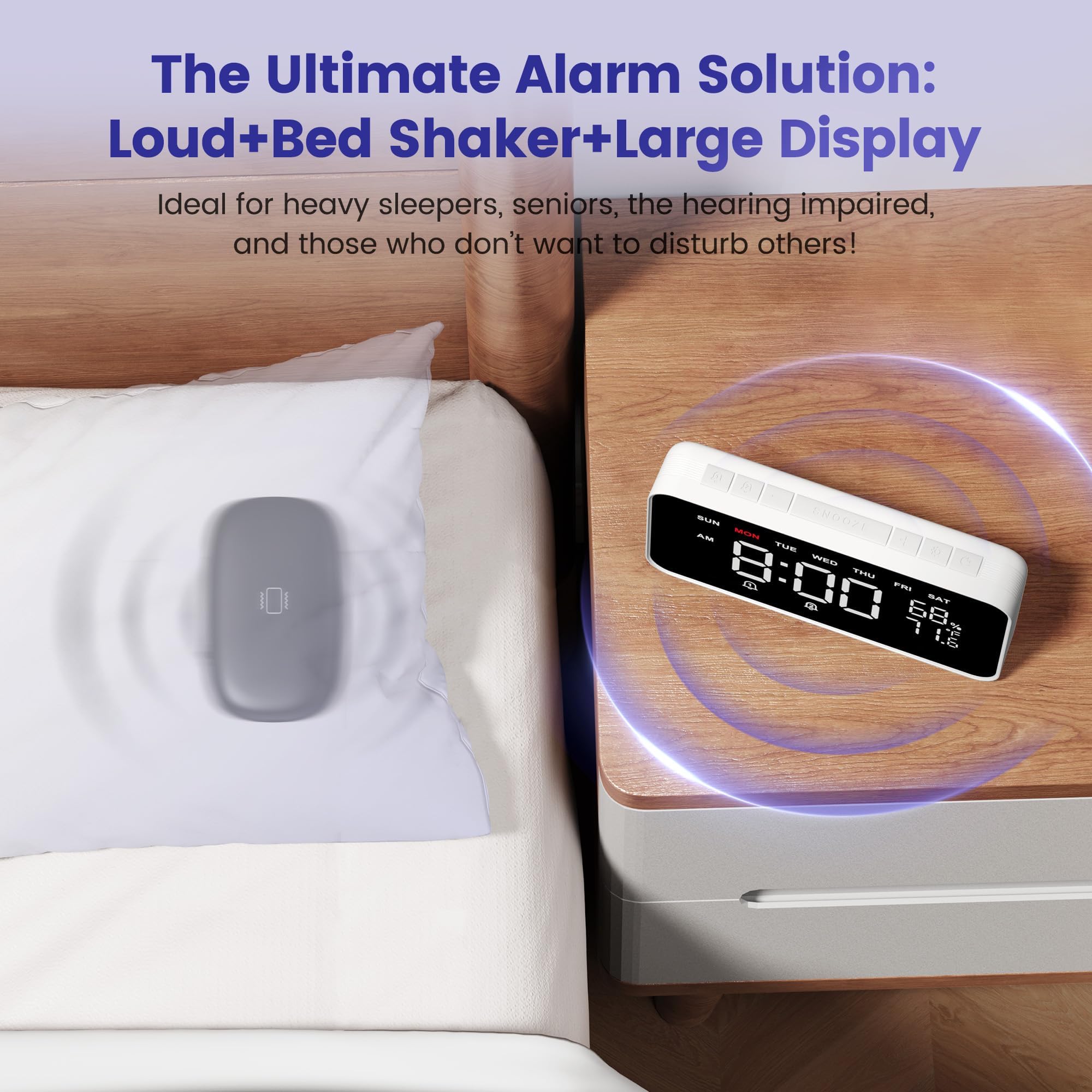Dekala wireless bed shaker placed on mattress demonstrating quiet effective wake