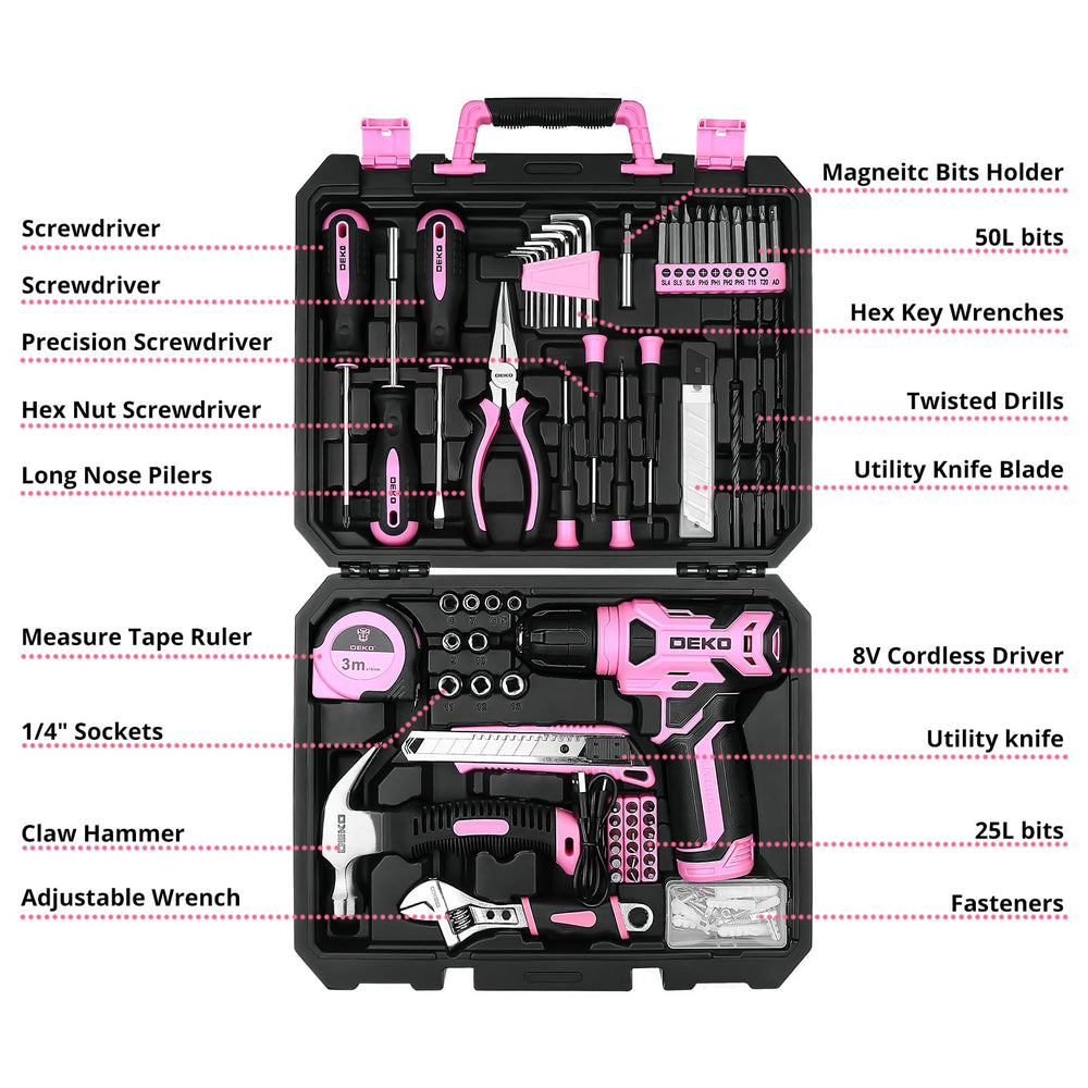 DEKOPRO close-up of the 8V pink drill highlighting ergonomic grip and LED for precise control