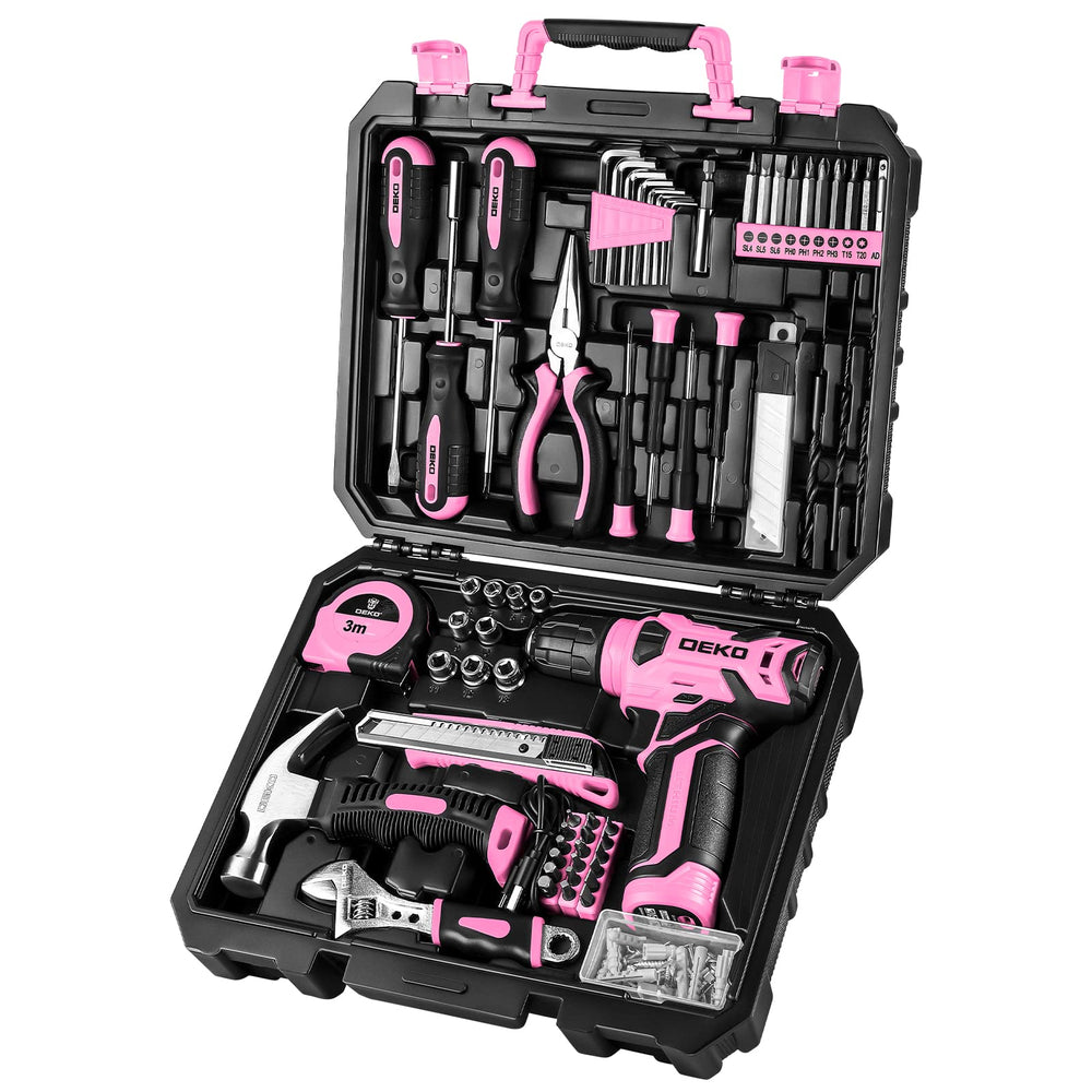 DEKOPRO front view of pink cordless drill kit showing case and organized contents for easy storage