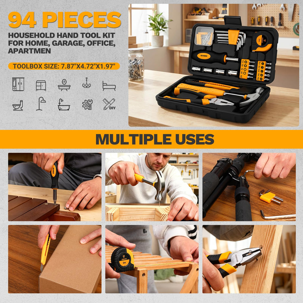 DEKOPRO hand holding toolbox showing compact size for storage