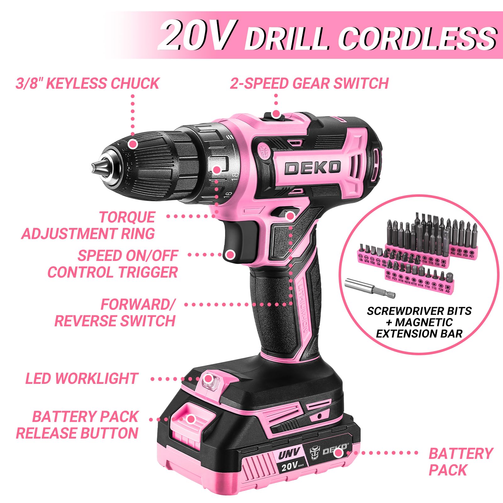 DEKOPRO open toolbox layout organizing drill and accessories for easy access