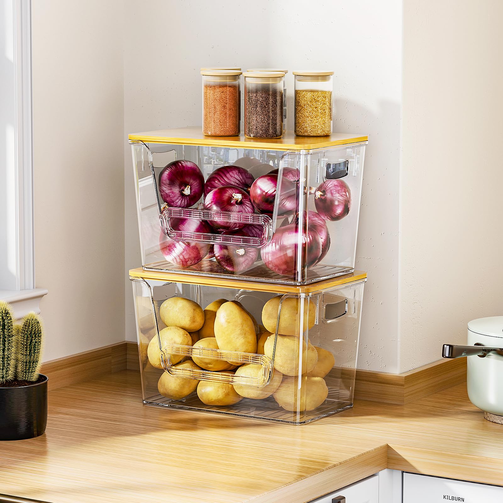 Delamu top down showing bamboo lids stacked maximizes storage benefit