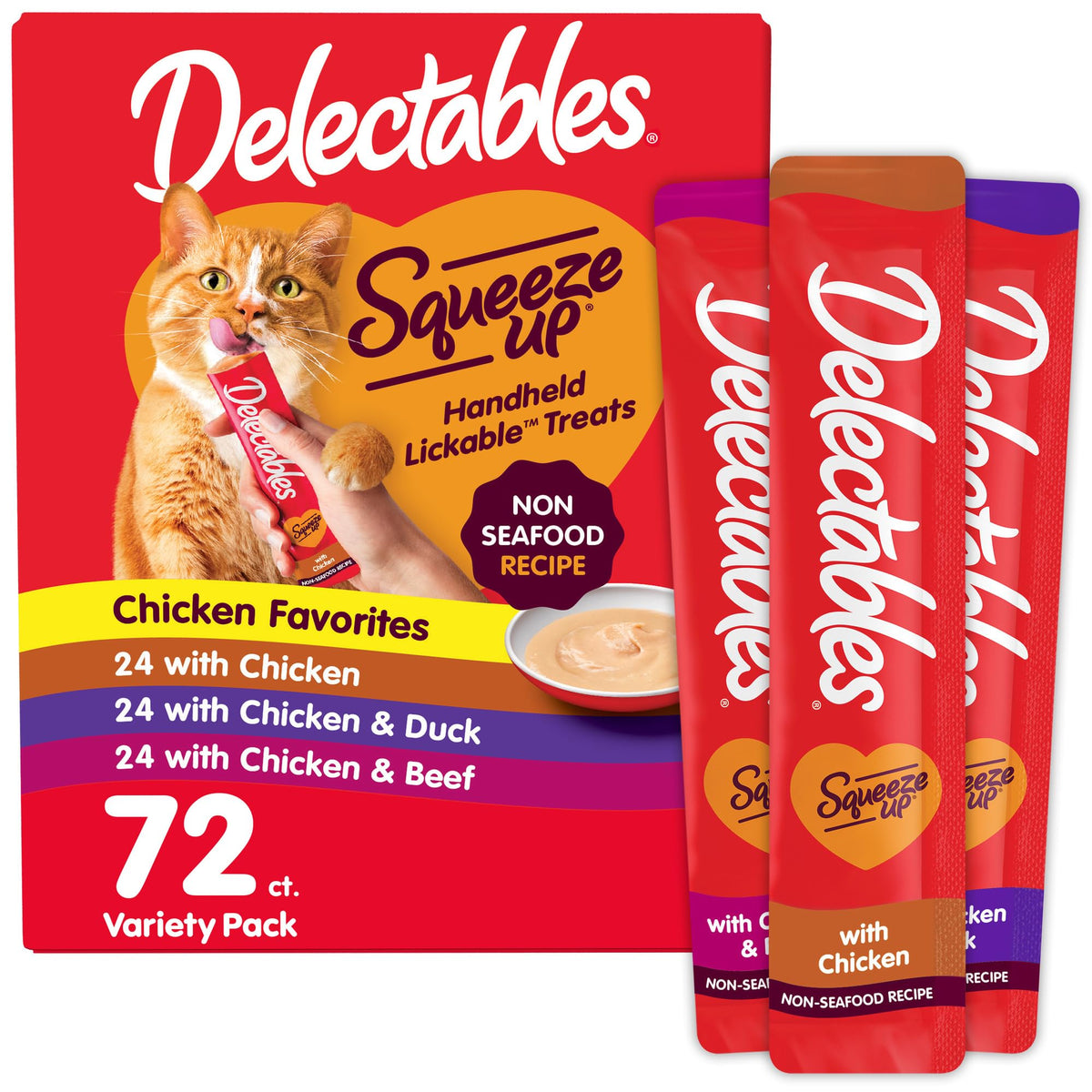 Delectables front packaging non-seafood variety shows premium tubes and value pack