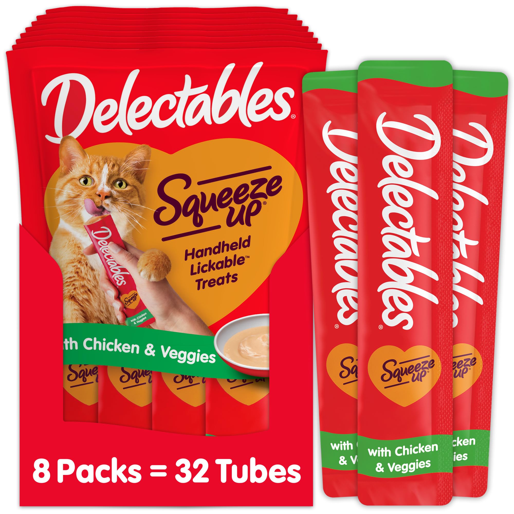 Delectables front packaging showing 32 tubes and product benefits