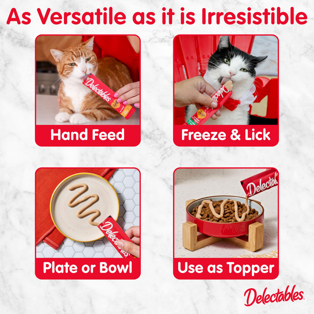 Delectables tube held in hand while cat licks, promoting bonding benefit