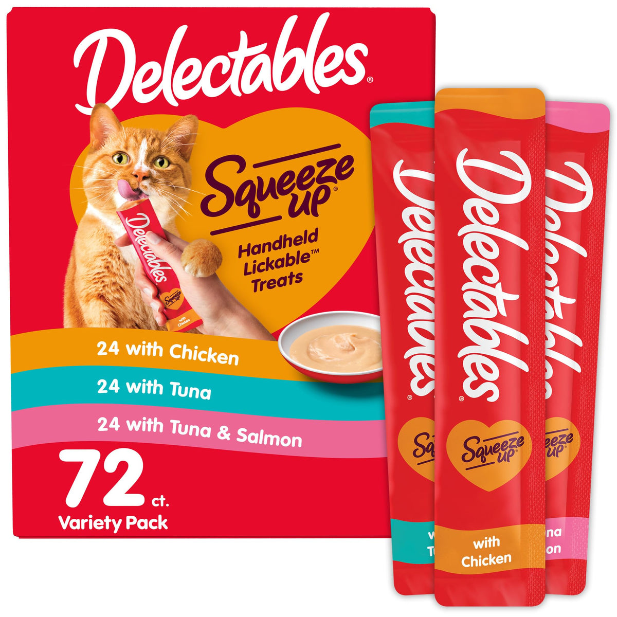 Delectables front box view showing 72 tubes and variety pack benefit
