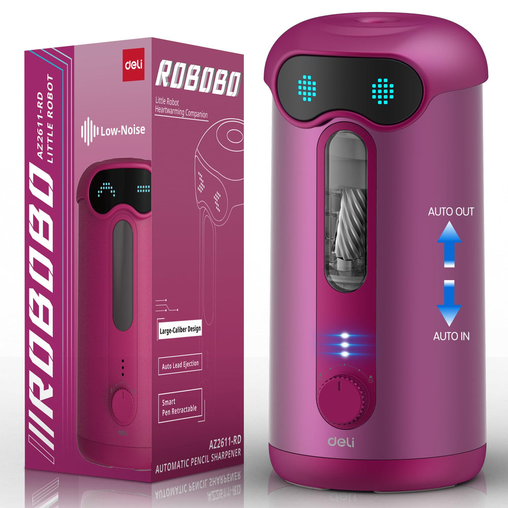 deli electric pencil sharpener front view shows compact deep pink design and space-saving benefit