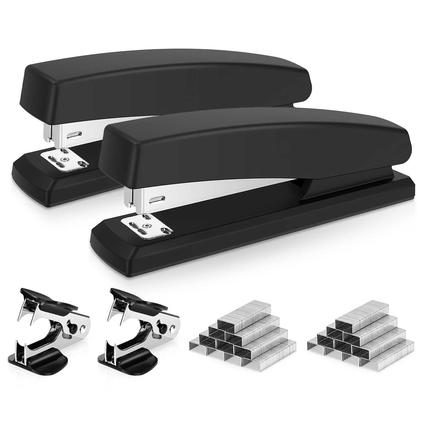 deli stapler front view showing compact black design and included remover, durable desktop tool