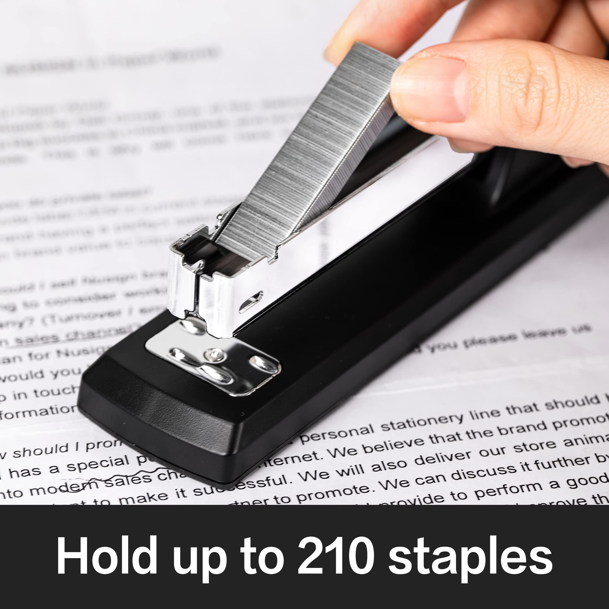 deli stapler fastening a stack of papers demonstrating clean clinch and reliable hold