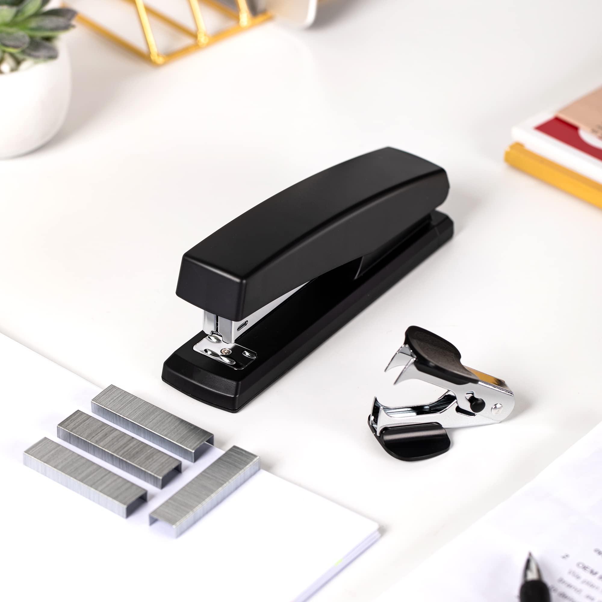 deli stapler with 2000 staples and two removers laid out to show full contents