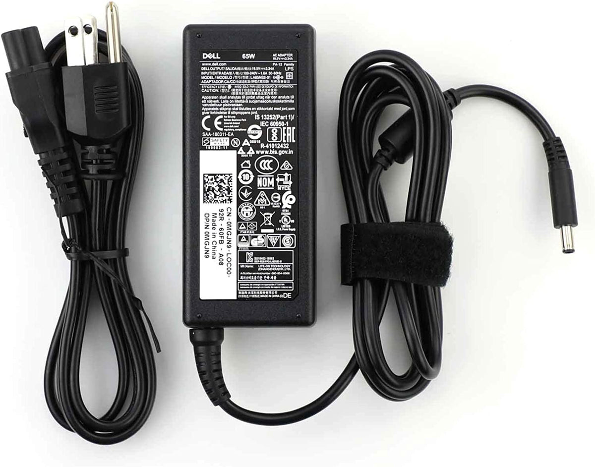 Dell 65W adapter front view showing compact design and brand advantage