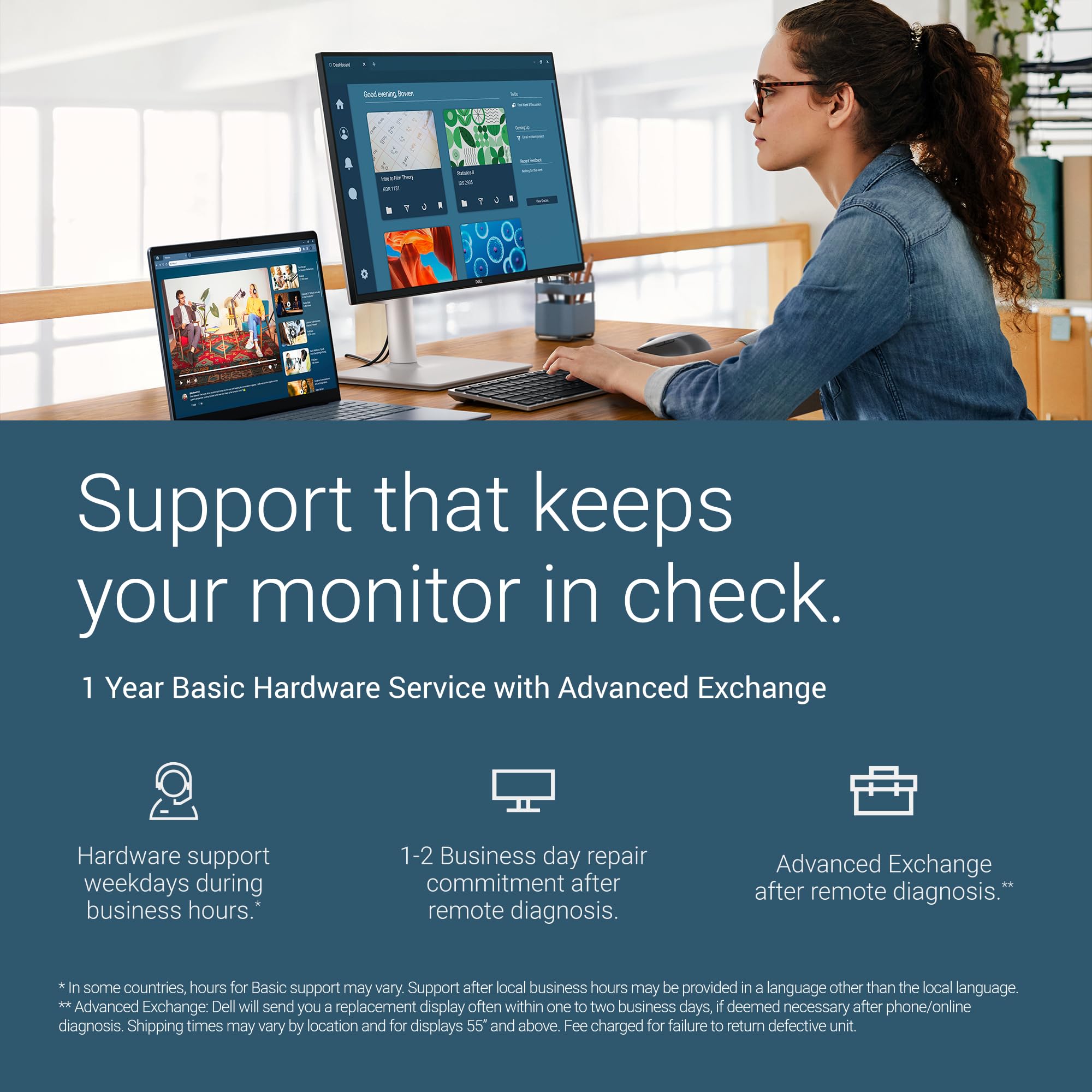 Dell monitor beside keyboard showing screen scale and workspace fit benefit