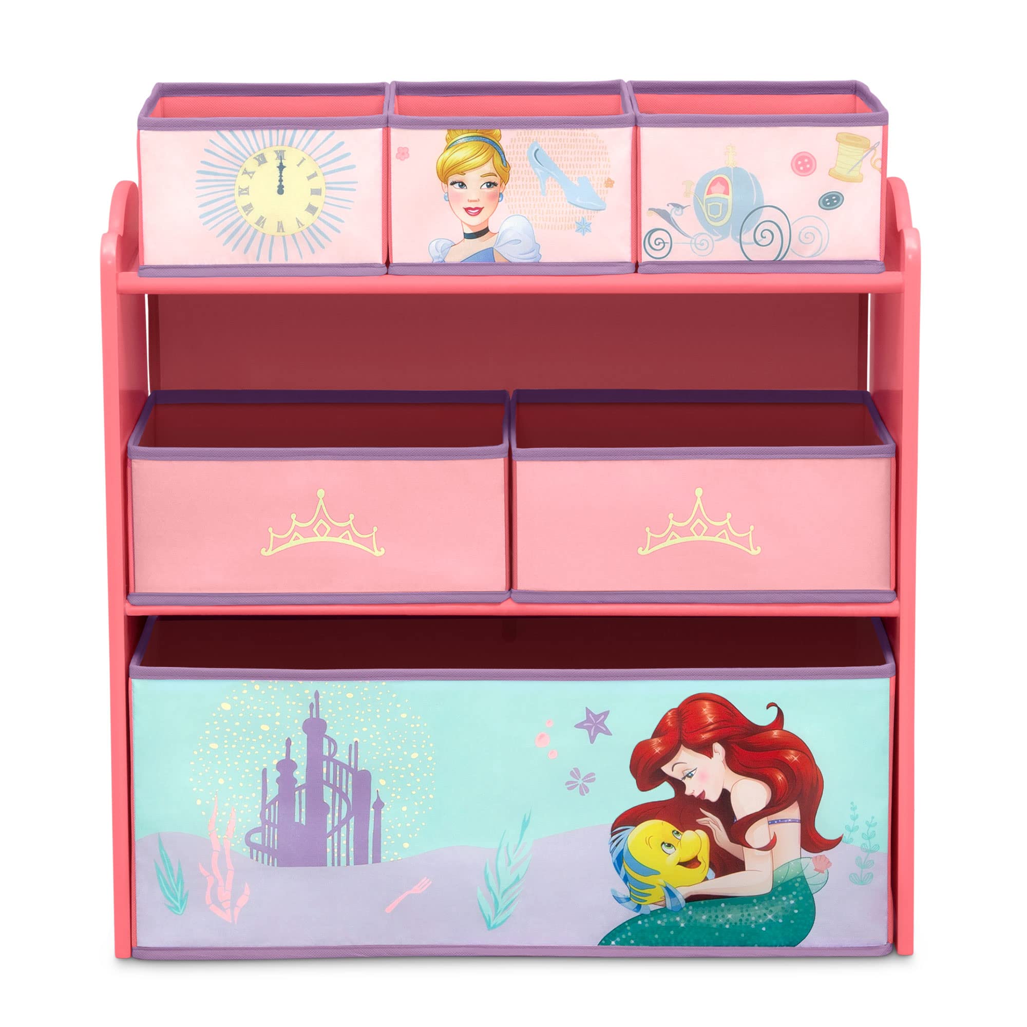 Delta Children bins filled with toys demonstrating sorting possibilities and quick clean-up