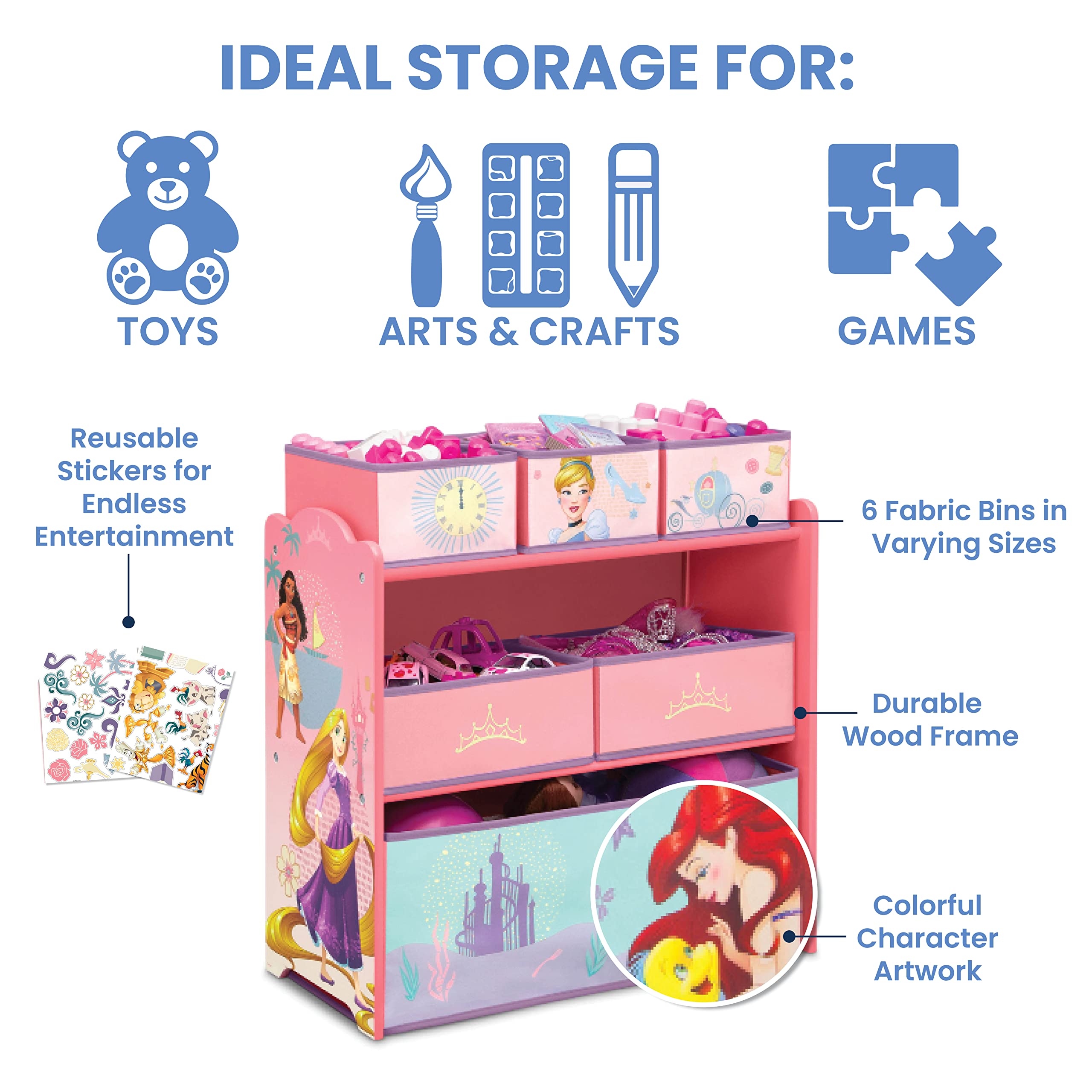 Delta Children extra-large bin open, showing space for bulky toys and easier organization