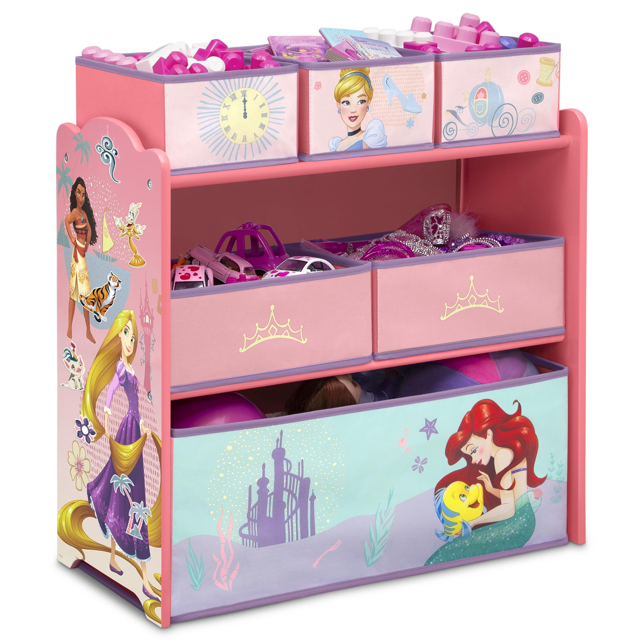 Delta Children front view shows colorful princess graphics and six organized bins benefit tidy storage
