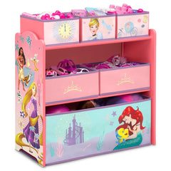 Delta Children front view shows colorful princess graphics and six organized bins benefit tidy storage