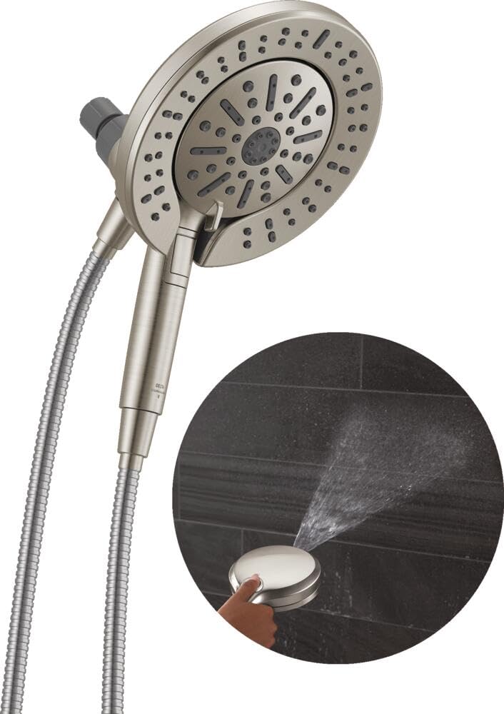 DELTA front-mounted In2ition shower head showing brushed nickel finish and versatile coverage