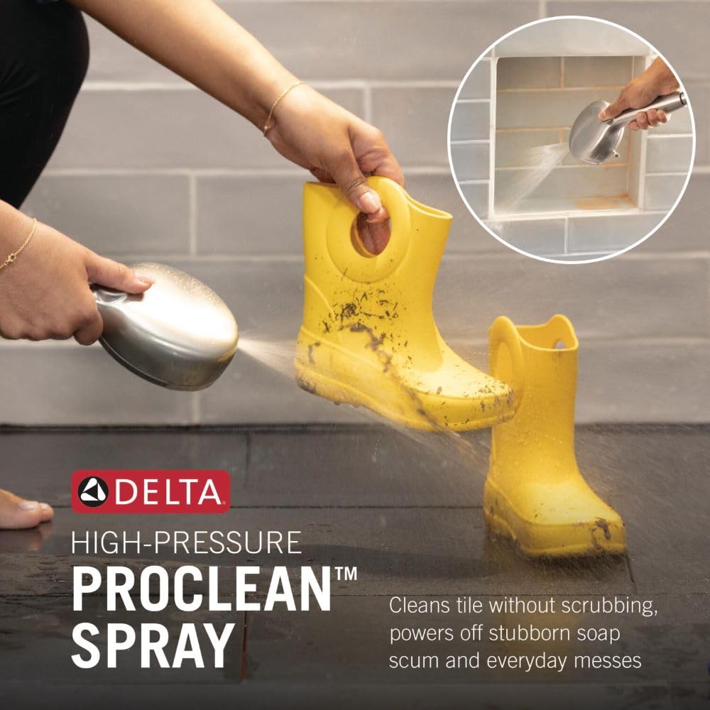DELTA ProClean spray pattern rinsing tile quickly for faster shower surface cleaning