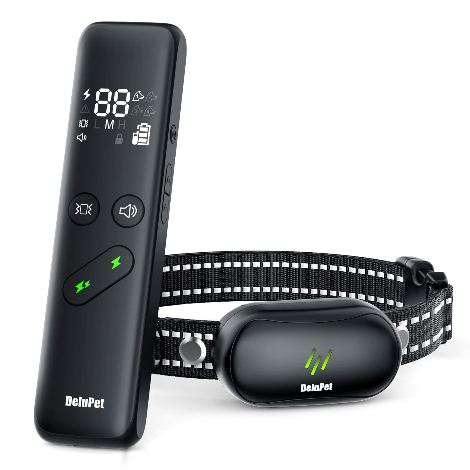 Delupet front view of collar and remote showing controls and display, quick control benefit