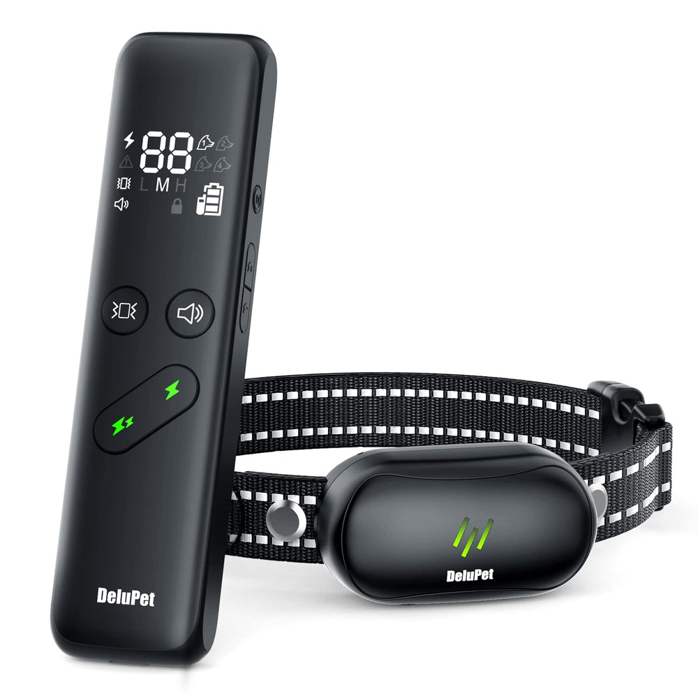 Delupet front view of collar and remote showing controls and display, quick control benefit