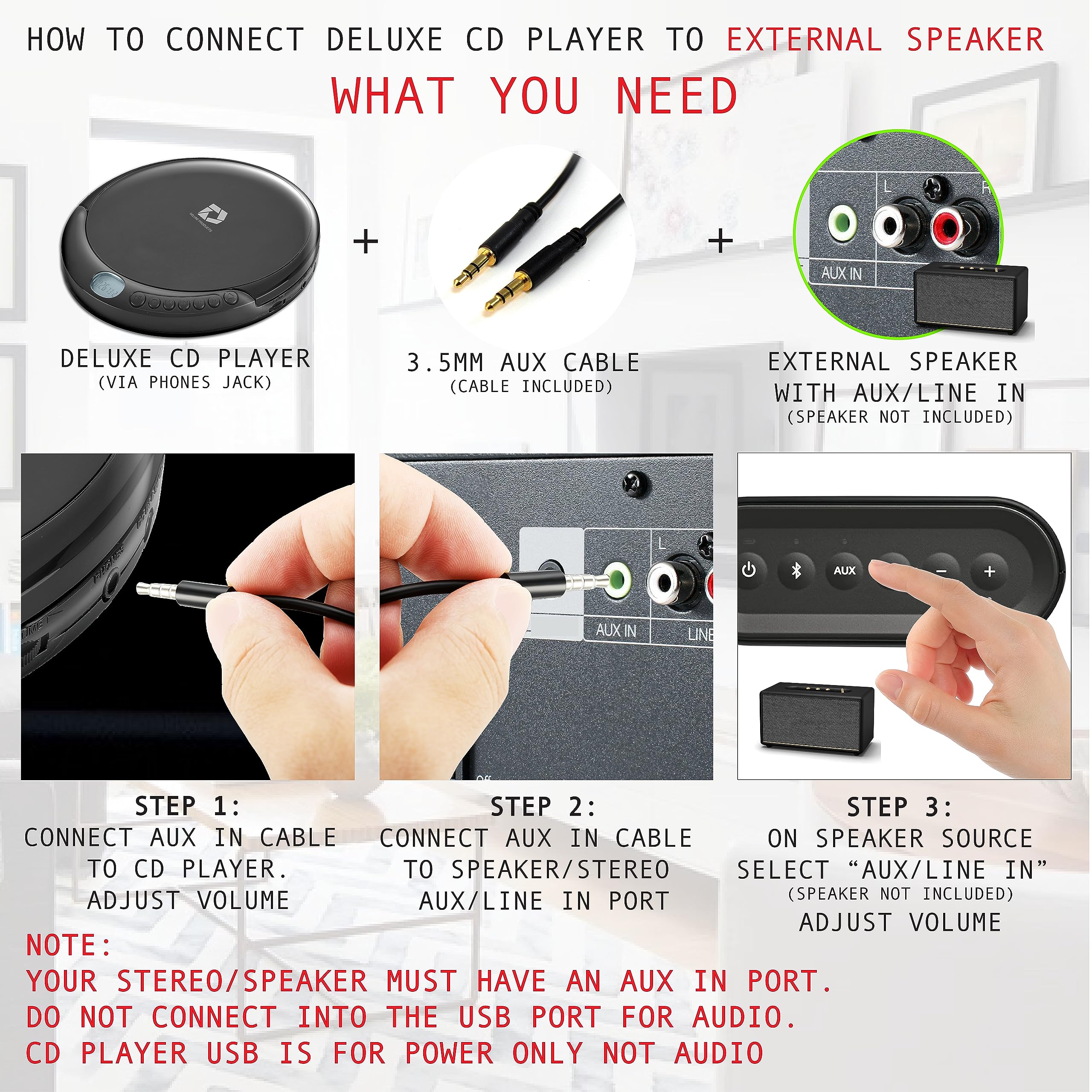 Deluxe Products stereo earbuds next to player for immediate listening benefit