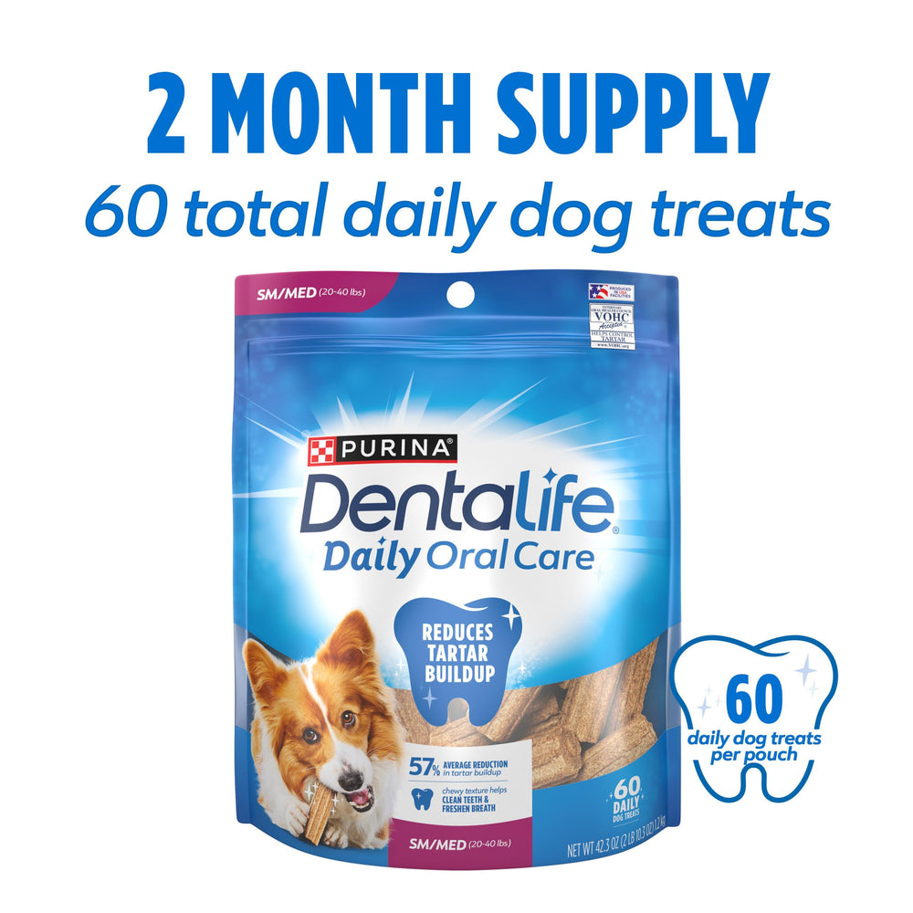 Dentalife Purina chew next to a coin for size comparison, helps choose fit