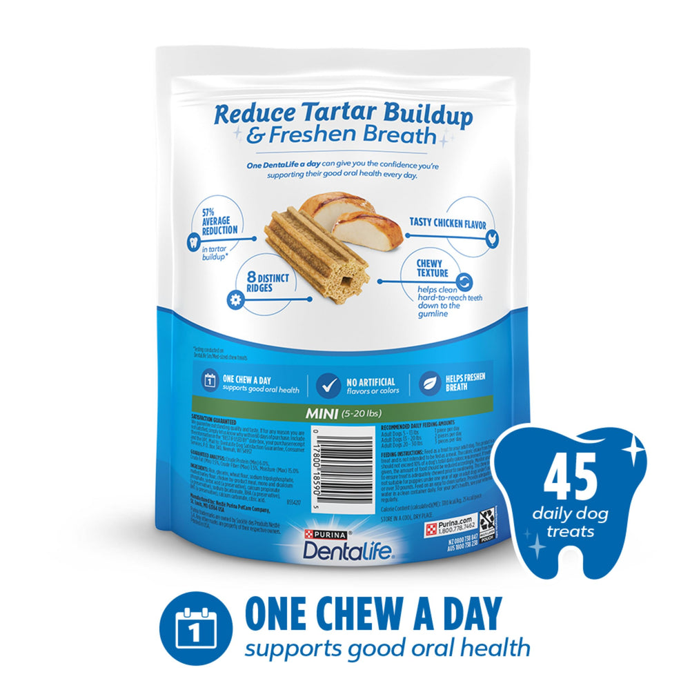 Dentalife treat positioned near dog tooth showing reach to gumline benefit