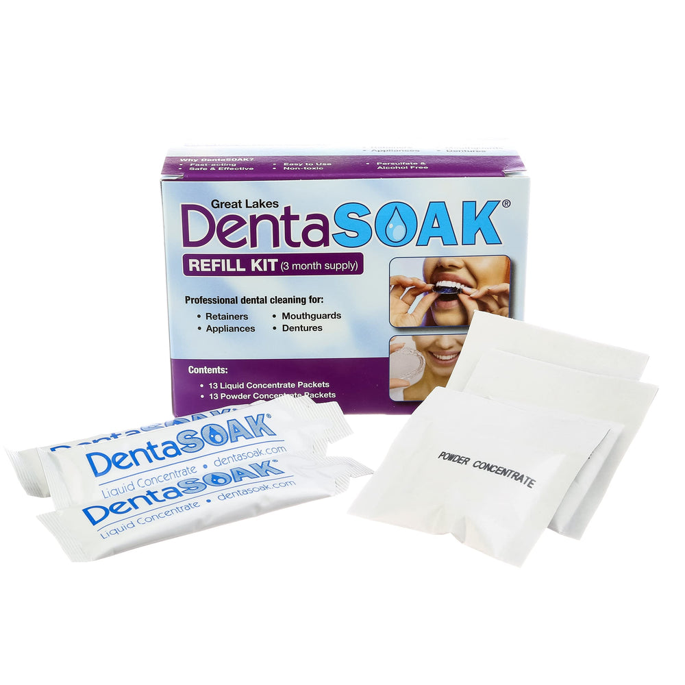 DentaSOAK refill kit packaging showing mint-scented packets and clear labeling for easy storage