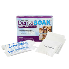 DentaSOAK refill kit packaging showing mint-scented packets and clear labeling for easy storage