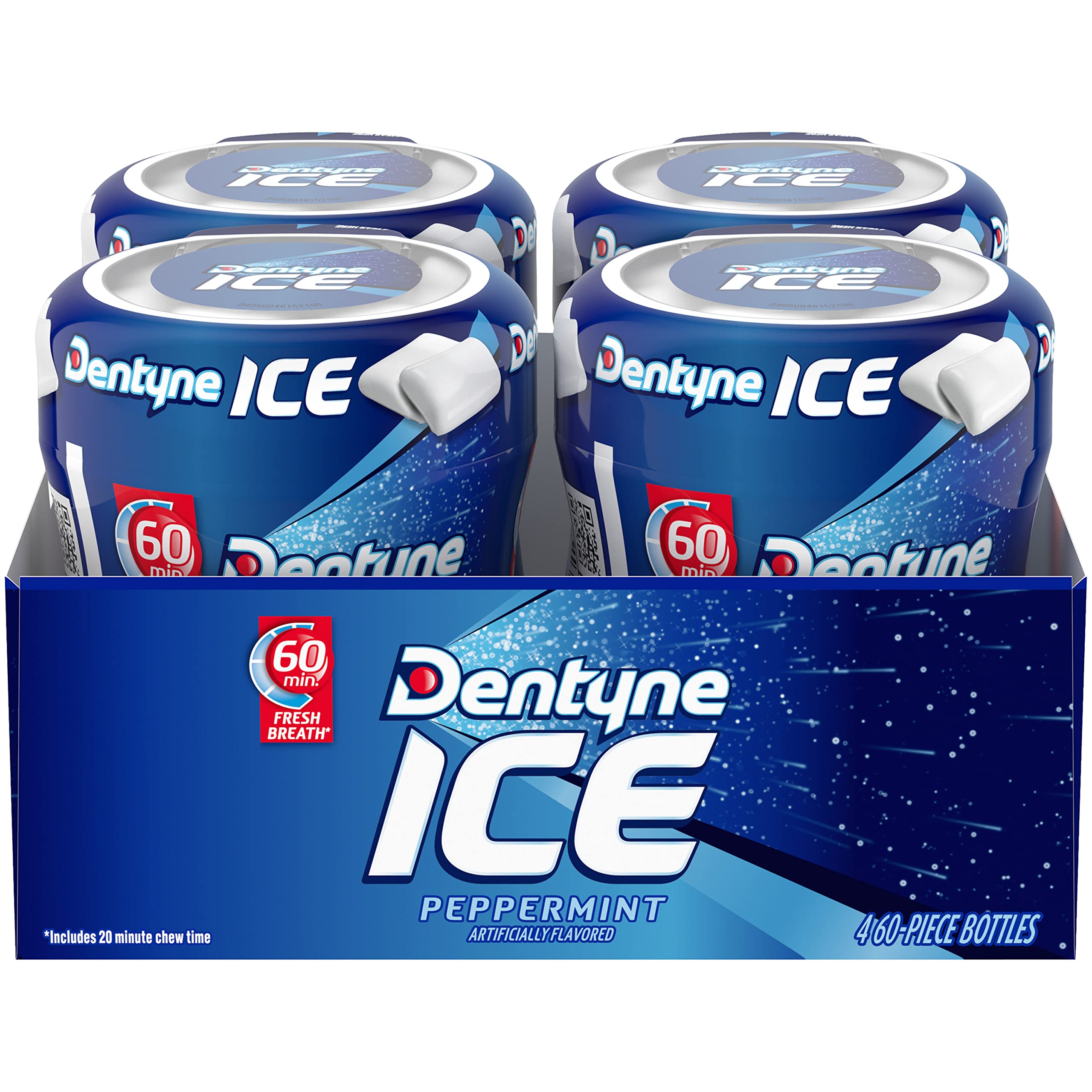 Dentyne front packaging showing four bottles and peppermint freshness benefit