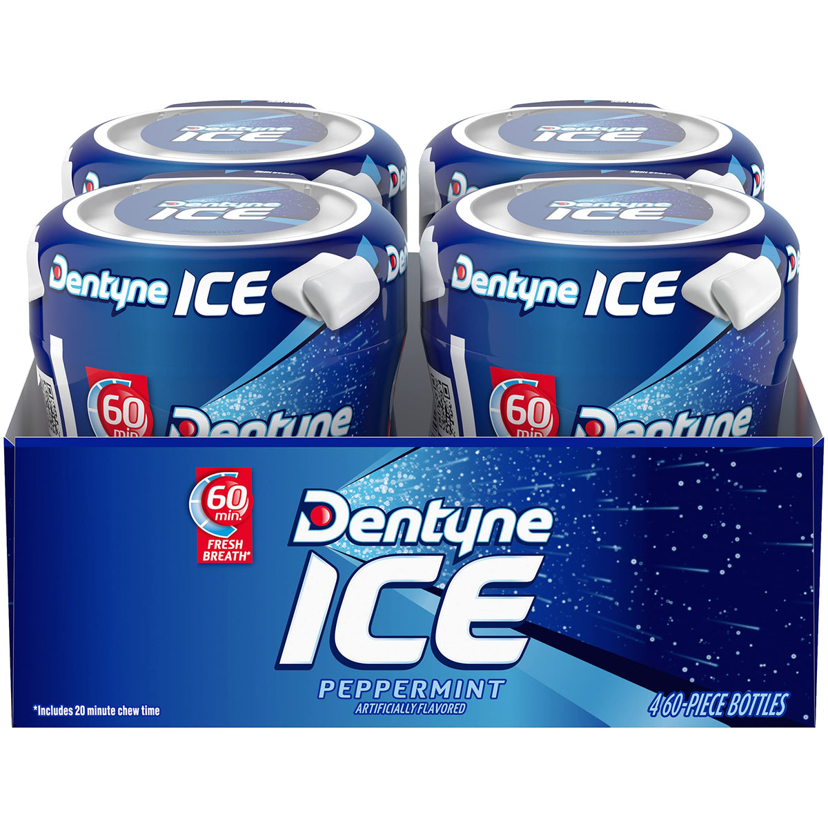 Dentyne front packaging showing four bottles and peppermint freshness benefit