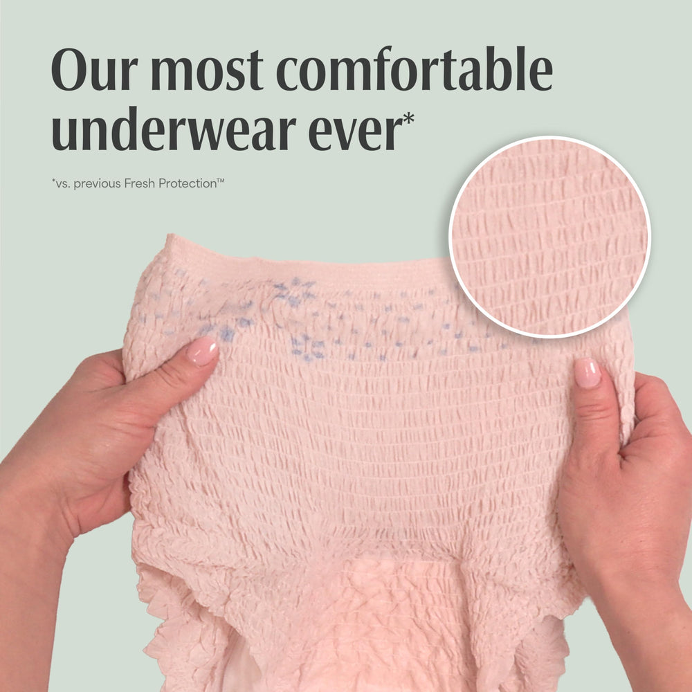 Depend fresh protection size chart display indicating medium waist fit