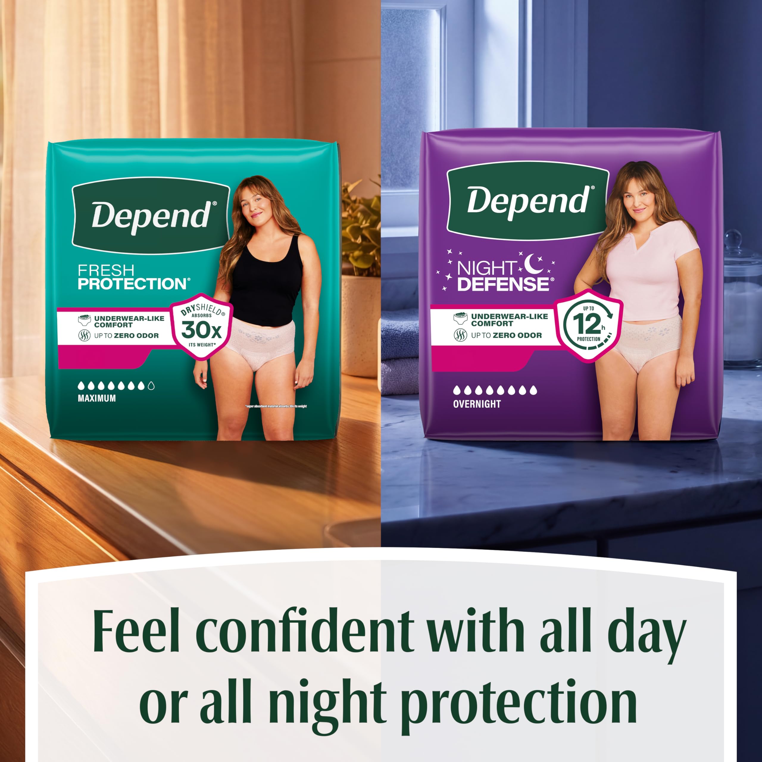 Depend product in a bedside setting implying readiness for daytime or light overnight use