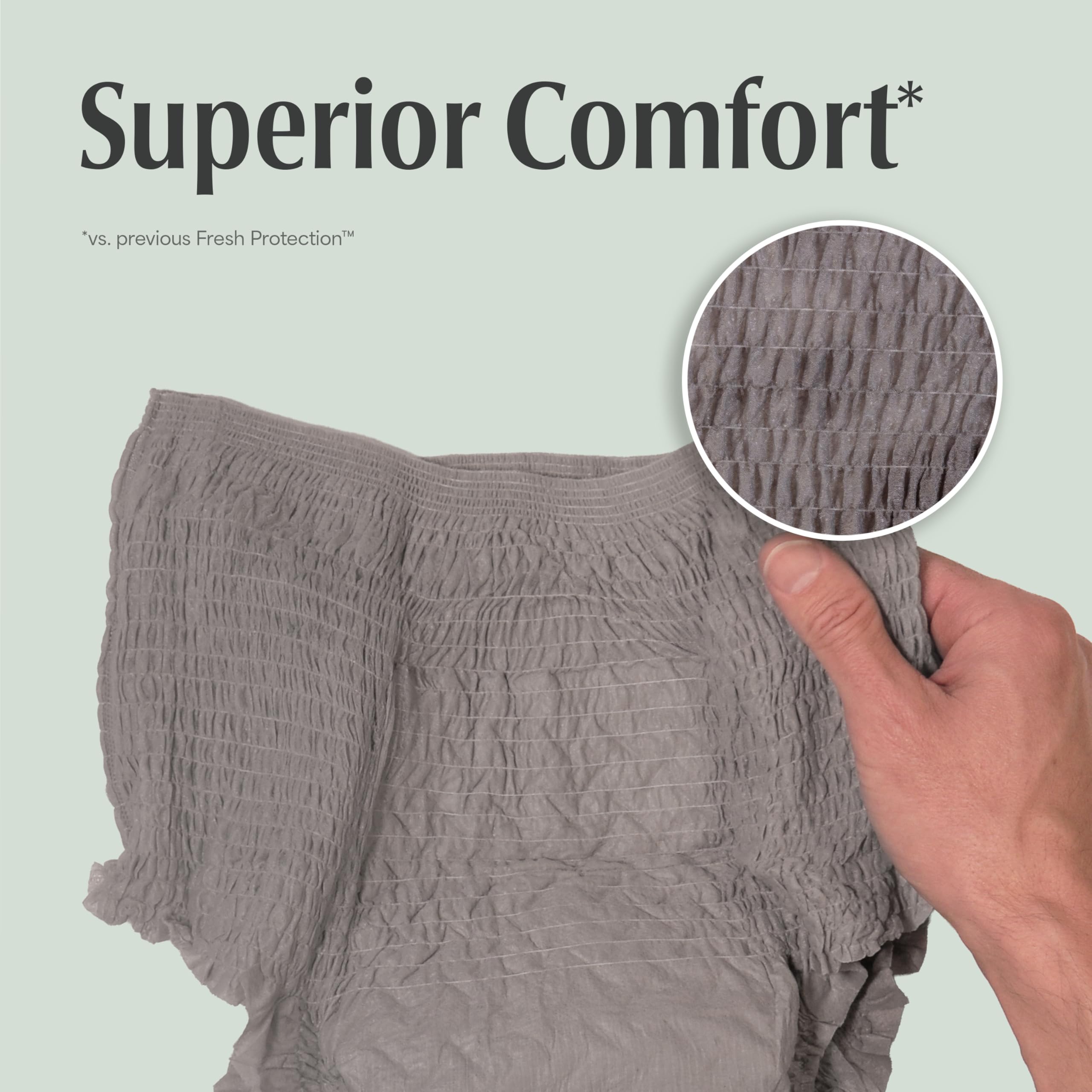 Depend worn under jeans demonstrating discreet fit and confidence benefit