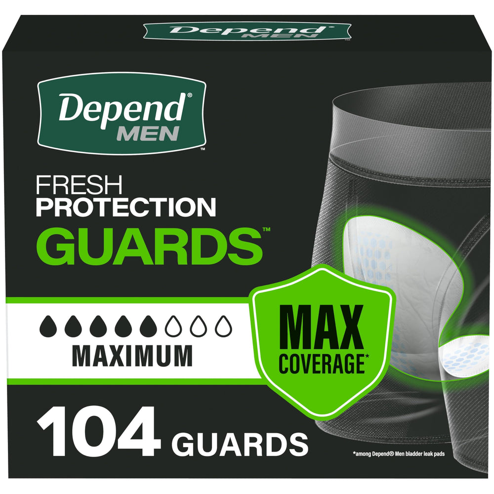 Depend front packaging showing count and maximum absorbency benefit
