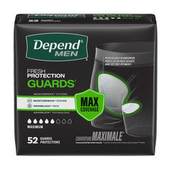 Depend front packaging showing one-size maximum absorbency for easy selection and discreet storage