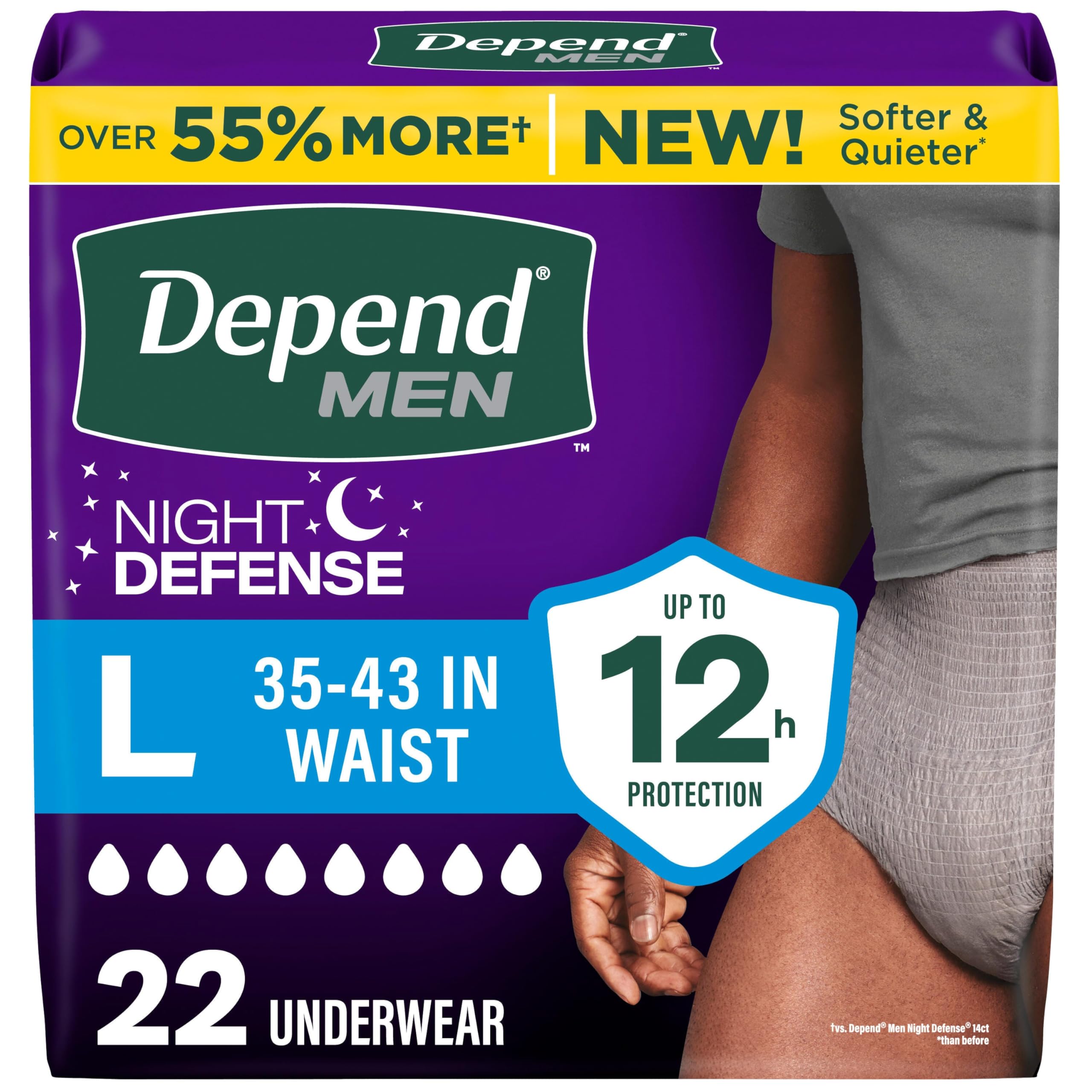 Depend front packaging showing large 22 count and overnight protection benefit