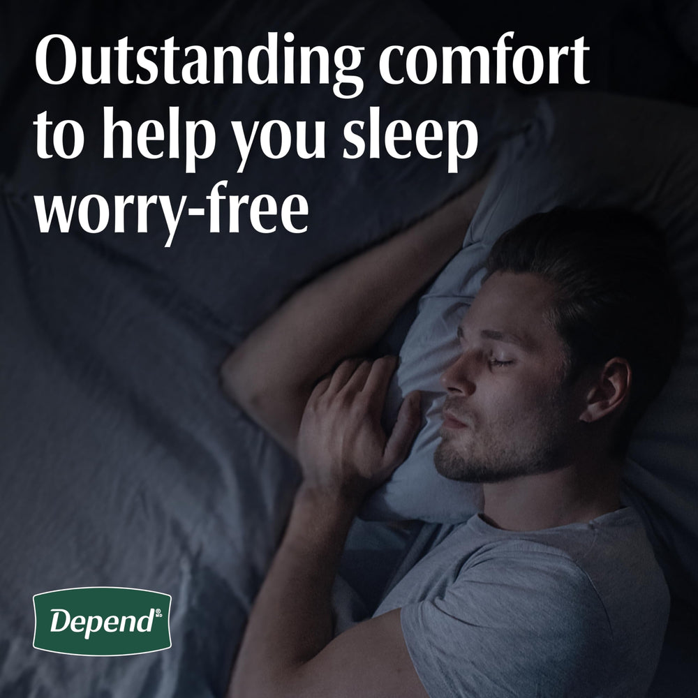 Depend bedside lifestyle setting showing ready-at-night convenience benefit