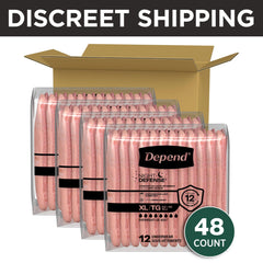 Depend back packaging with product details and absorbency features for reassurance