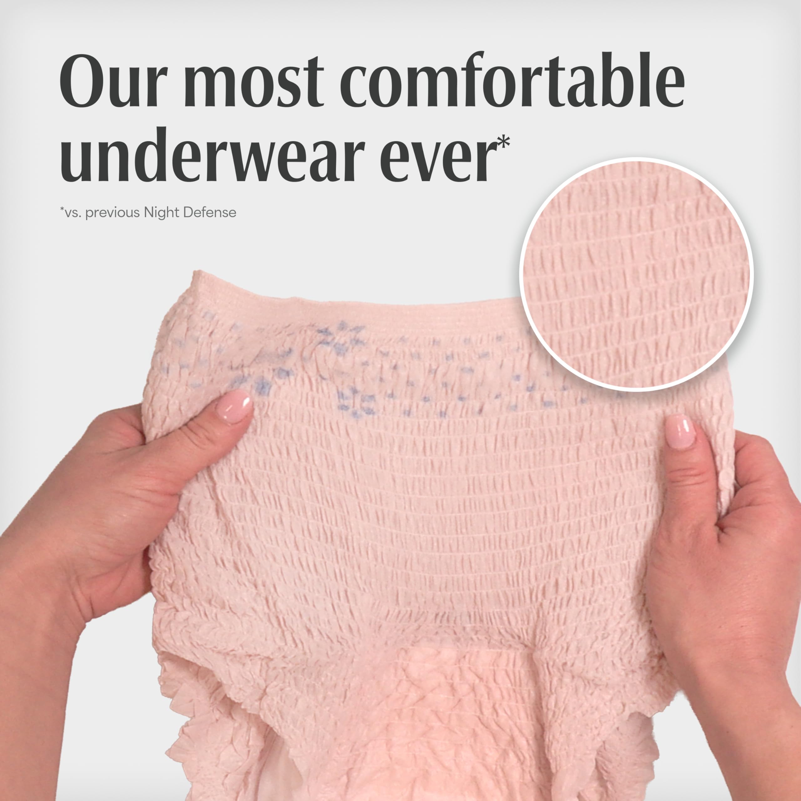 Depend underwear in hand showing thin, comfortable profile for nighttime wear