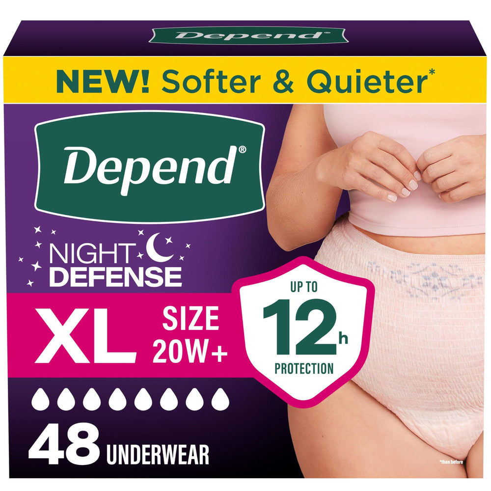 Depend front packaging showing XL 48 count and overnight protection benefits