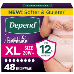 Depend front packaging showing XL 48 count and overnight protection benefits