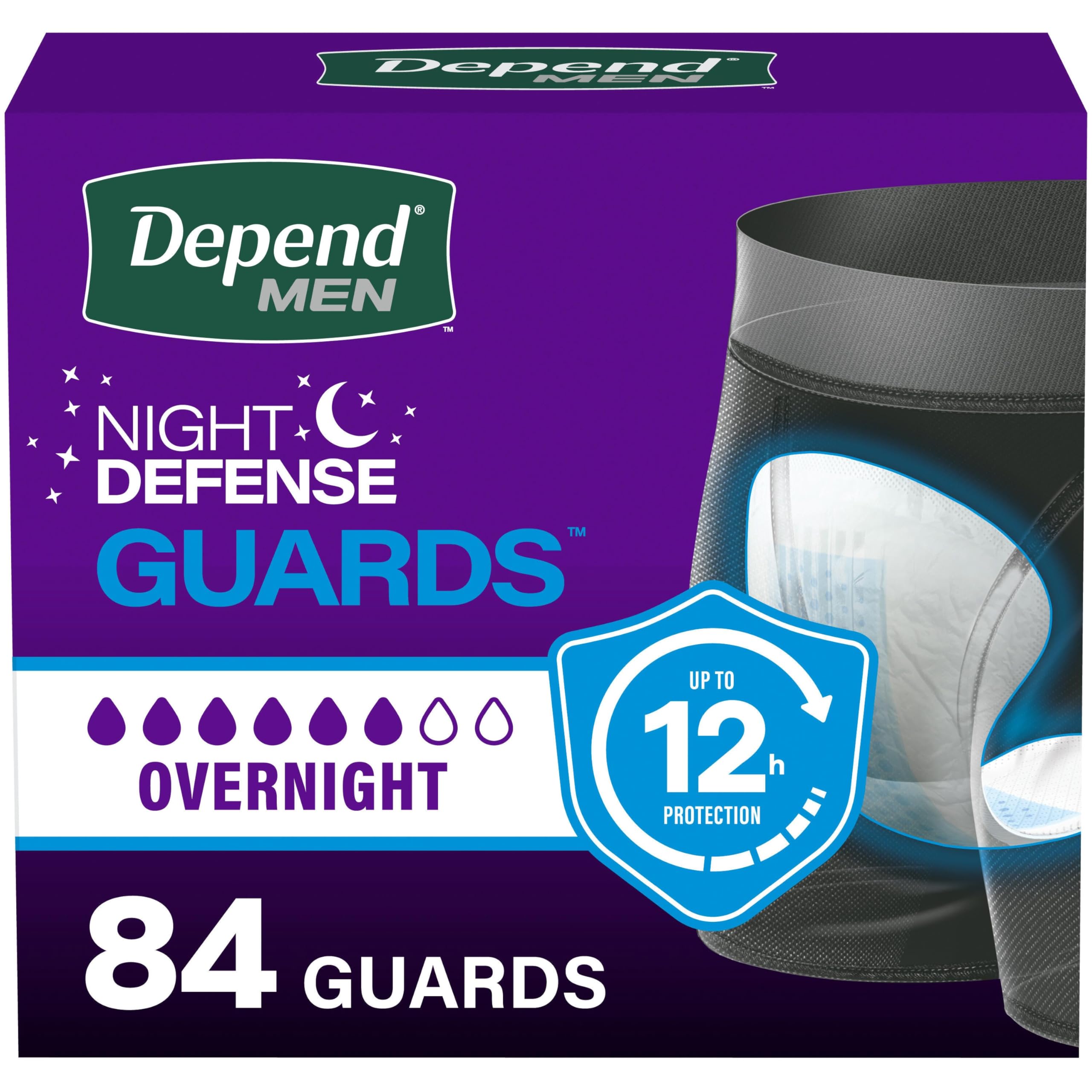 Depend front packaging showing 84-count overnight guards and easy rest