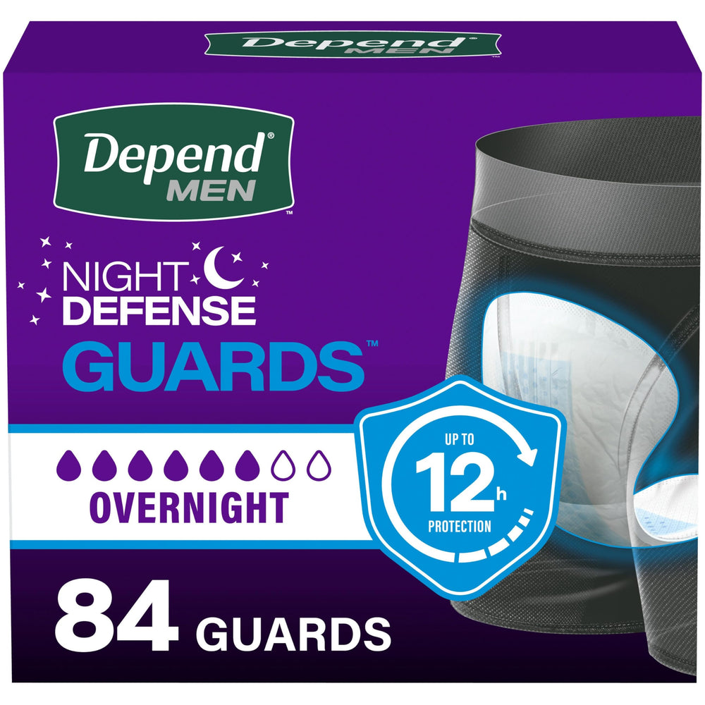 Depend front packaging showing 84-count overnight guards and easy rest