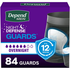 Depend front packaging showing 84-count overnight guards and easy rest