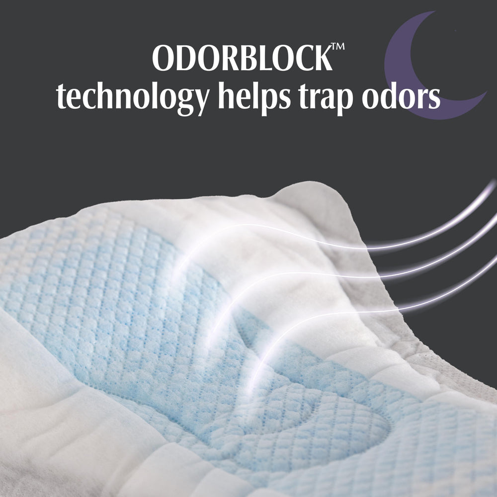 Depend pad on nightstand showing easy reach and overnight convenience benefit