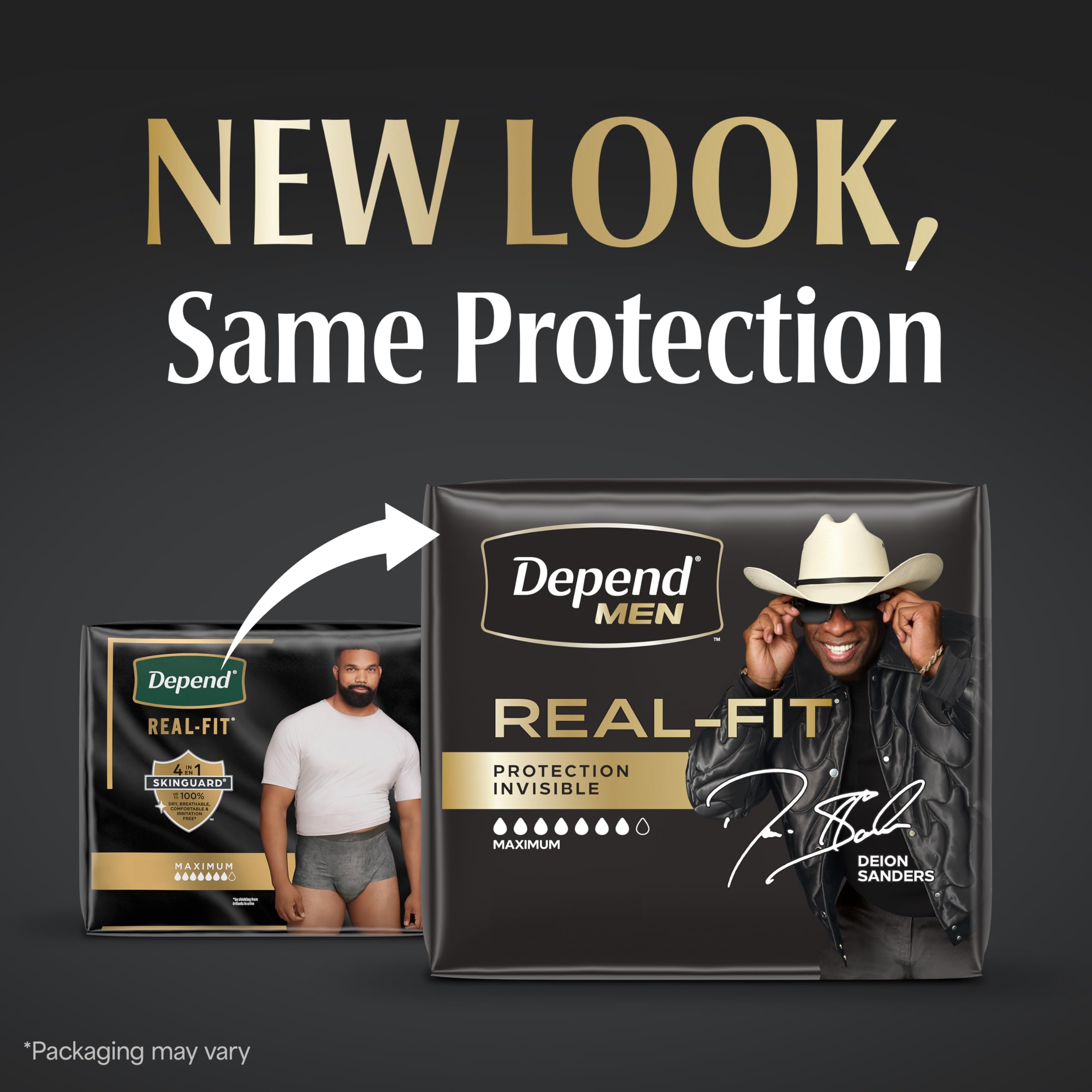 Depend back packaging with sizing and features visible for buyer reassurance
