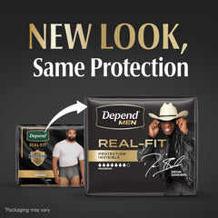 Depend back packaging with sizing and features visible for buyer reassurance