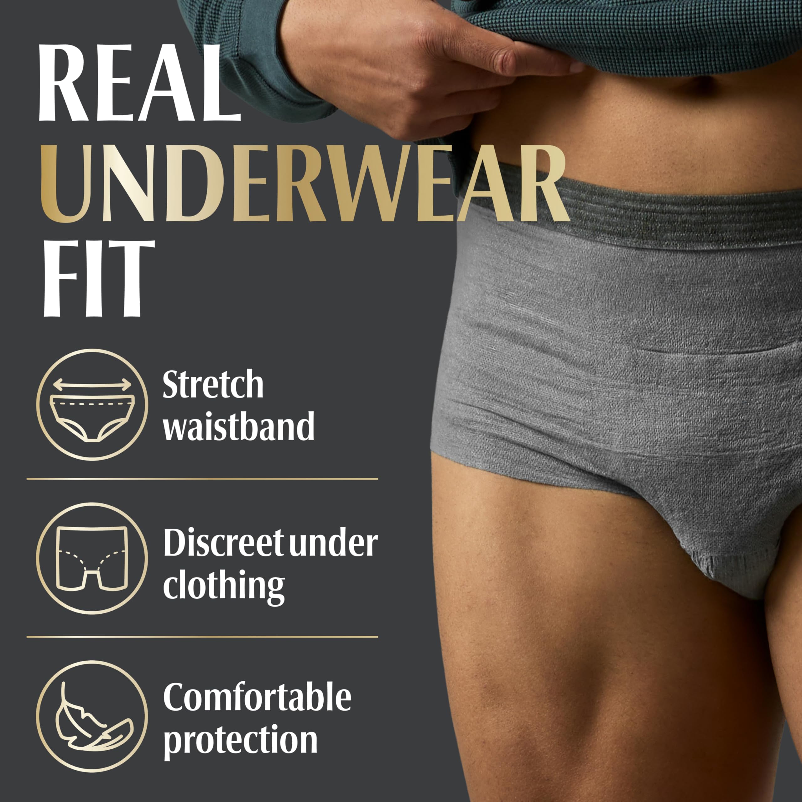 Depend size comparison chart showing waist ranges for proper fit